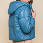 Blue Pu Faux Leather Zipper Hooded Puffer Jacket