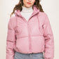 Pink Pu Faux Leather Zipper Hooded Puffer Jacket