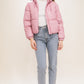 Pink Pu Faux Leather Zipper Hooded Puffer Jacket