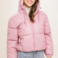 Pink Pu Faux Leather Zipper Hooded Puffer Jacket