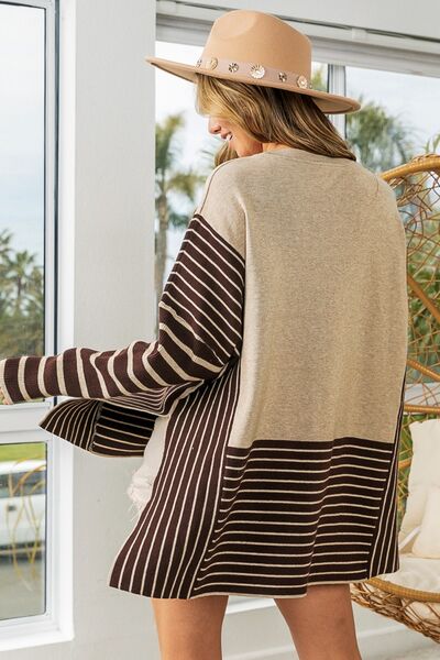 BiBi Mocha/Oatmeal Striped Contrast Long Sleeve Slit Top