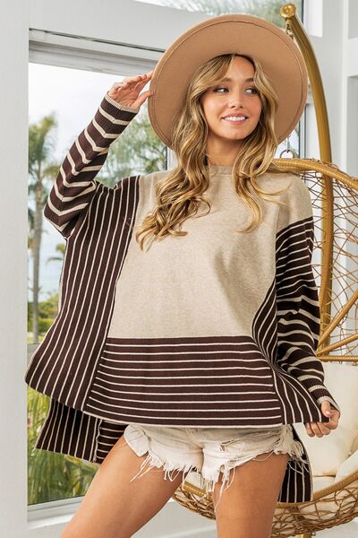BiBi Mocha/Oatmeal Striped Contrast Long Sleeve Slit Top
