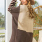 BiBi Mocha/Oatmeal Striped Contrast Long Sleeve Slit Top