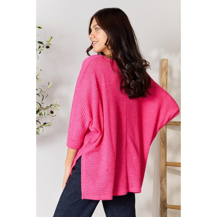 ZENANA Full Size Round Neck High-Low Slit Knit Top