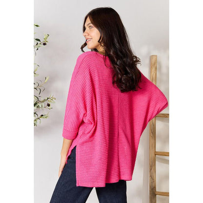 ZENANA Full Size Round Neck High-Low Slit Knit Top