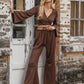 Coffee Brown Tied Flare Sleeve Top and Pants Set