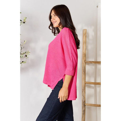 ZENANA Full Size Round Neck High-Low Slit Knit Top