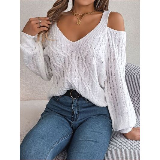 Cable-Knit Cold Shoulder Long Sleeve Sweater