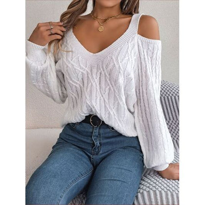 Cable-Knit Cold Shoulder Long Sleeve Sweater