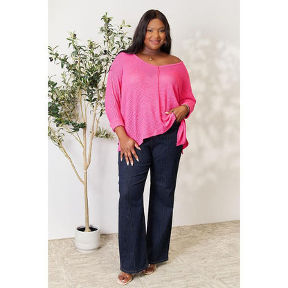 ZENANA Full Size Round Neck High-Low Slit Knit Top