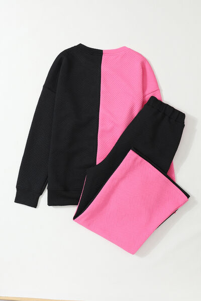Pink/Black Color Block Round Neck Sweatshirt and Pants Set