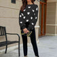 WOVEN RIGHT Heart Pattern Lantern Sleeve Round Neck Tunic Sweater