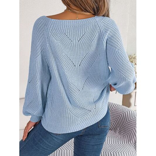 Openwork Buttoned Square Neck Sweater